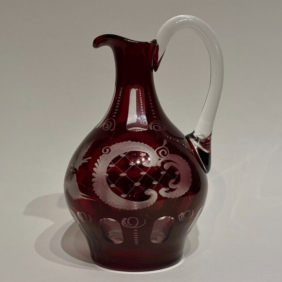 Egermann Bohemian Ruby Red Cut To Clear Etched Glass Cruet Czech Republic 8” - Picture 7 of 12